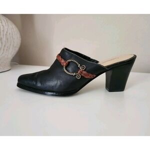 Coldwater Creek Women Black Leather Mules Clogs Western Brown Braided Detail 8.5